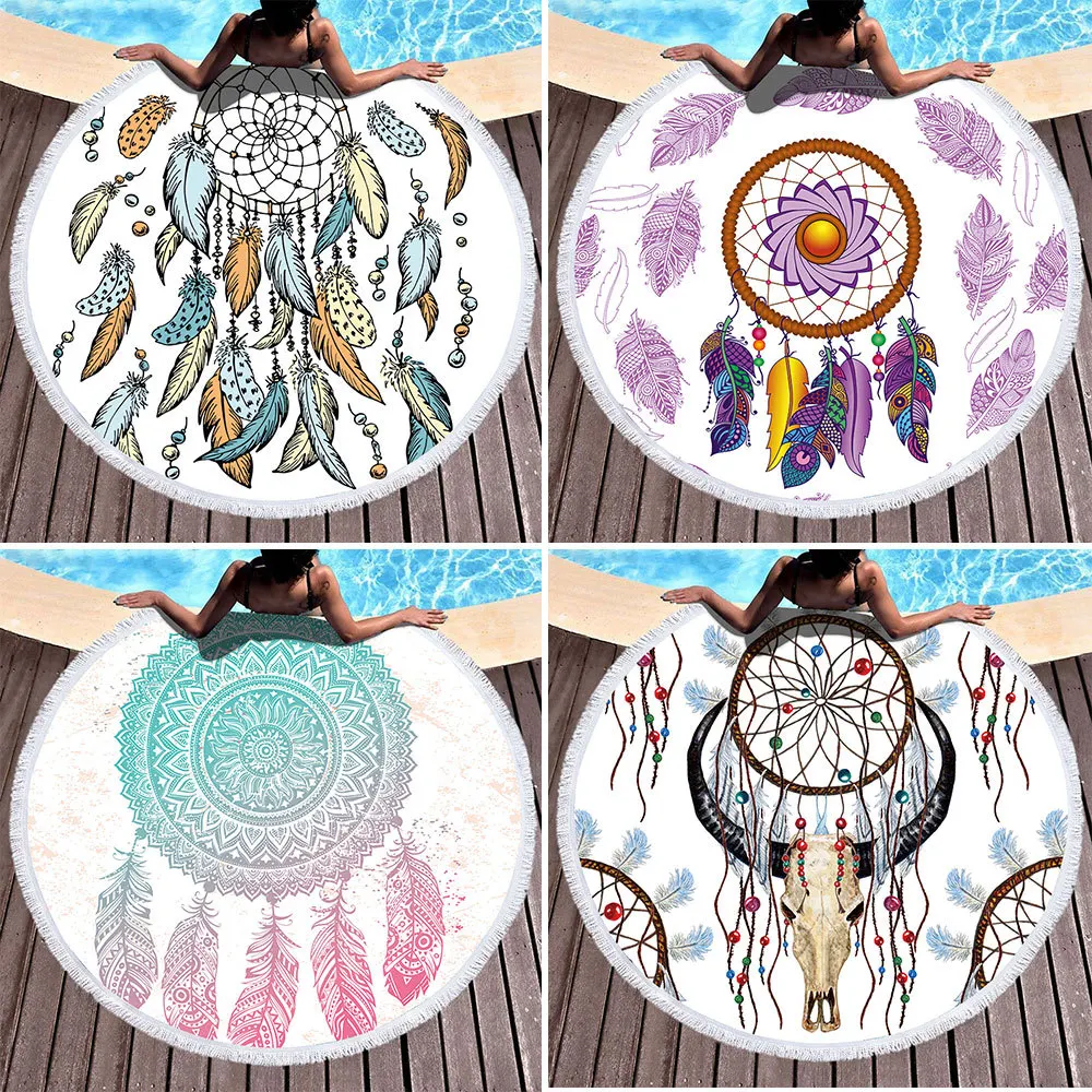 Круглое пляжное полотенце с кисточками Ловец снов печать микрофибра 150 см для
