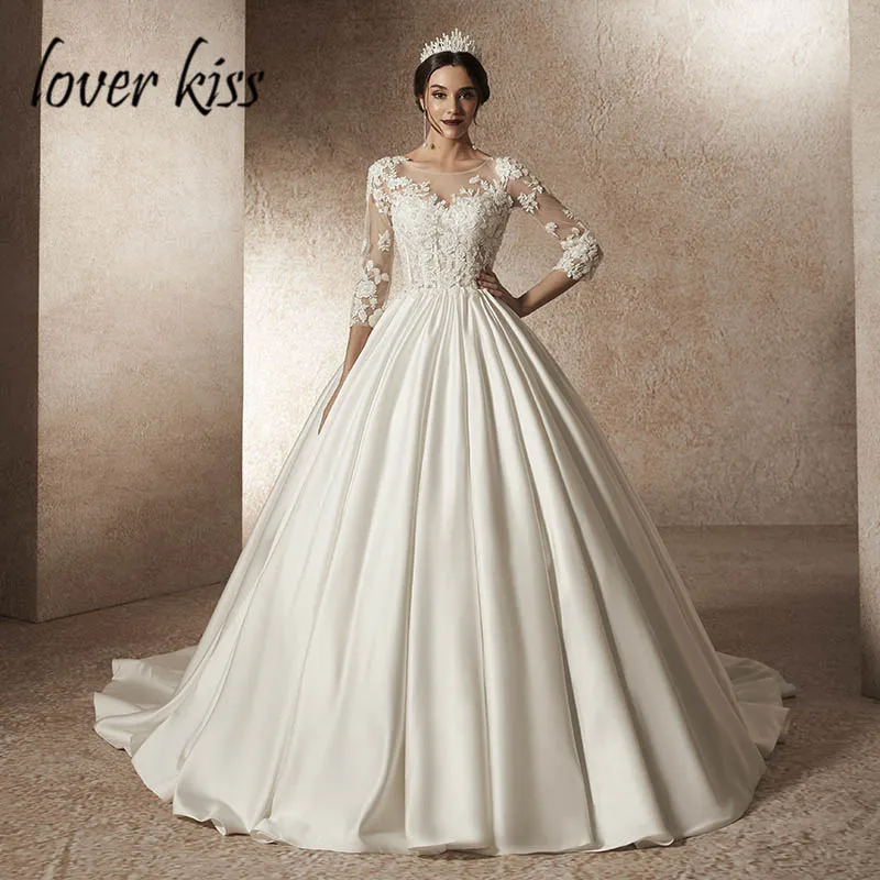 

Женское атласное платье со шлейфом LoverKiss, Роскошное винтажное свадебное платье с роскошной аппликацией и круглым вырезом, расшитое бисером,...