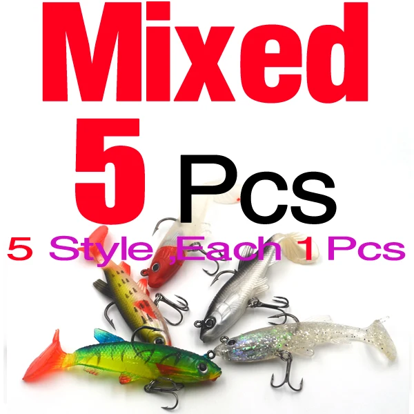 MIXED 5PCS MNFT 5 шт./лот, Мягкая наживка, свинцовая головка, 8 см/13 г, искусственные приманки, тройные Крючки, воблер, резиновая приманка для карпа на рыбалку, аксессуары - Цвет: MIXED 5PCS