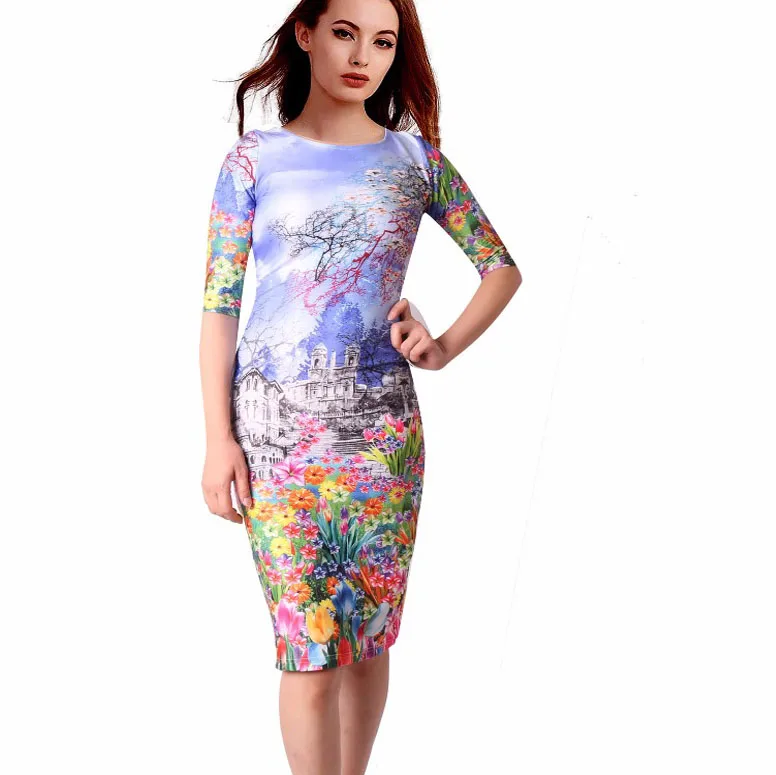 Женское платье с цветочным принтом и круглым вырезом|vestidos f|vestidos fashionvestidos plus |