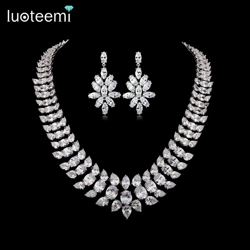 LUOTEEMI Sparkling Clear Cubic Zirconia Heavy Collar Choker Necklace Earrings Set For Women Bridal Luxury Wedding Jewelry Set|earrings set for