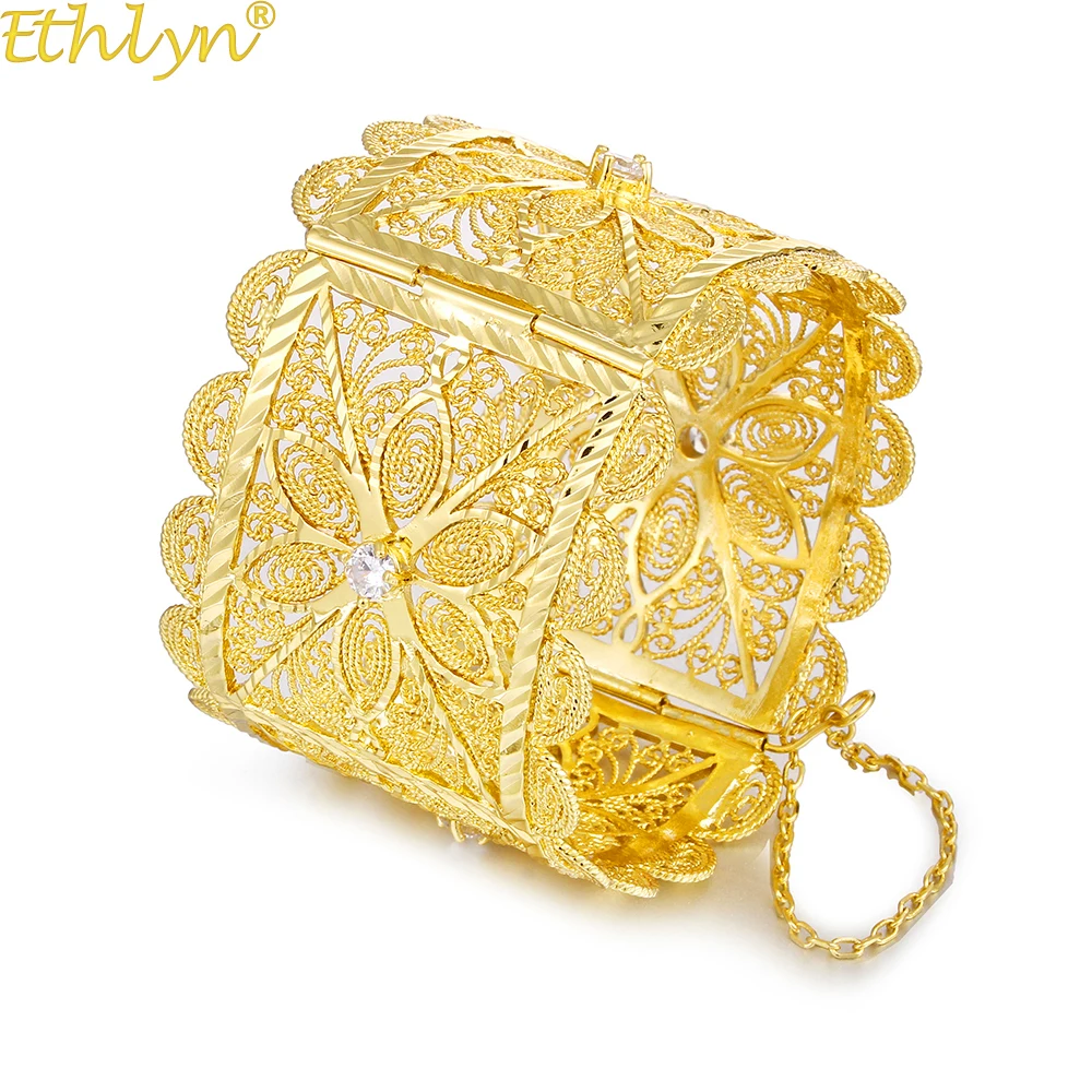 

Ethlyn Dubai Cooper Gold Color Wide Luxury Big Bangle Women African Wedding Bracelets Zircon Tension Setting B98