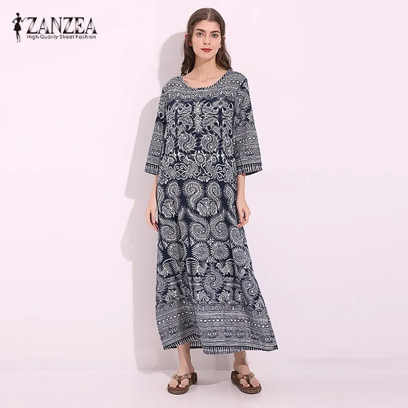ZANZEA винтажное женское летнее платье с рукавом 3/4, свободные хлопковые льняные карманы с цветочным принтом, ретро прямое длинное платье макси размера плюс