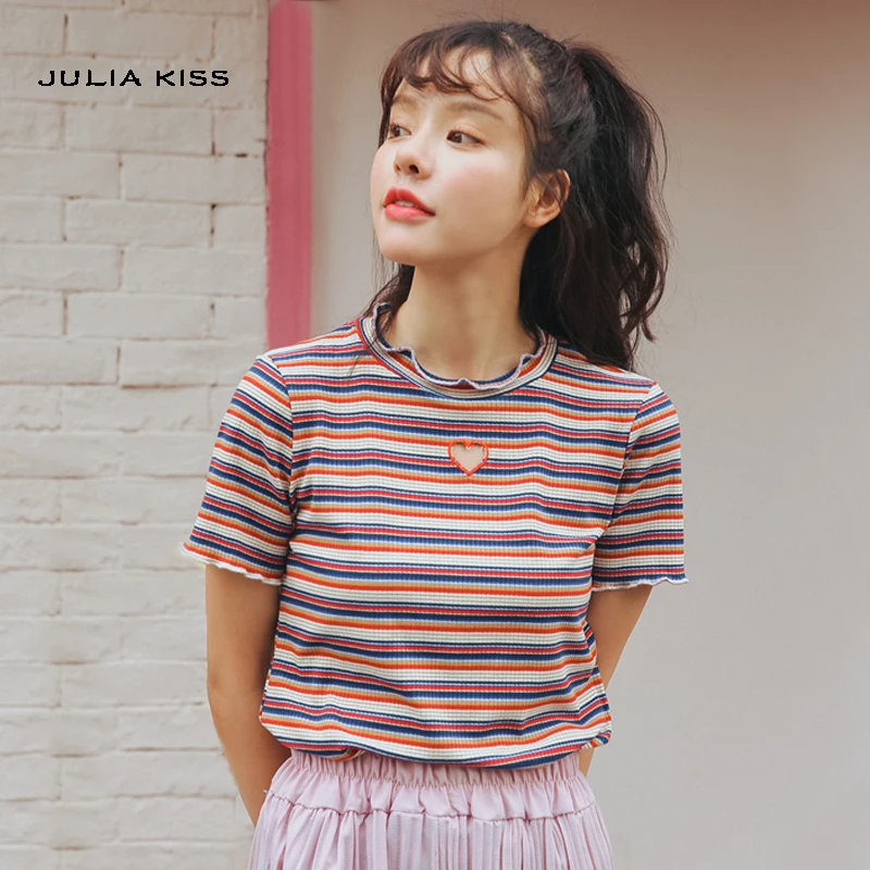 Женская Полосатая футболка в стиле ретро с коротким рукавом и сердечком|striped tee|tees
