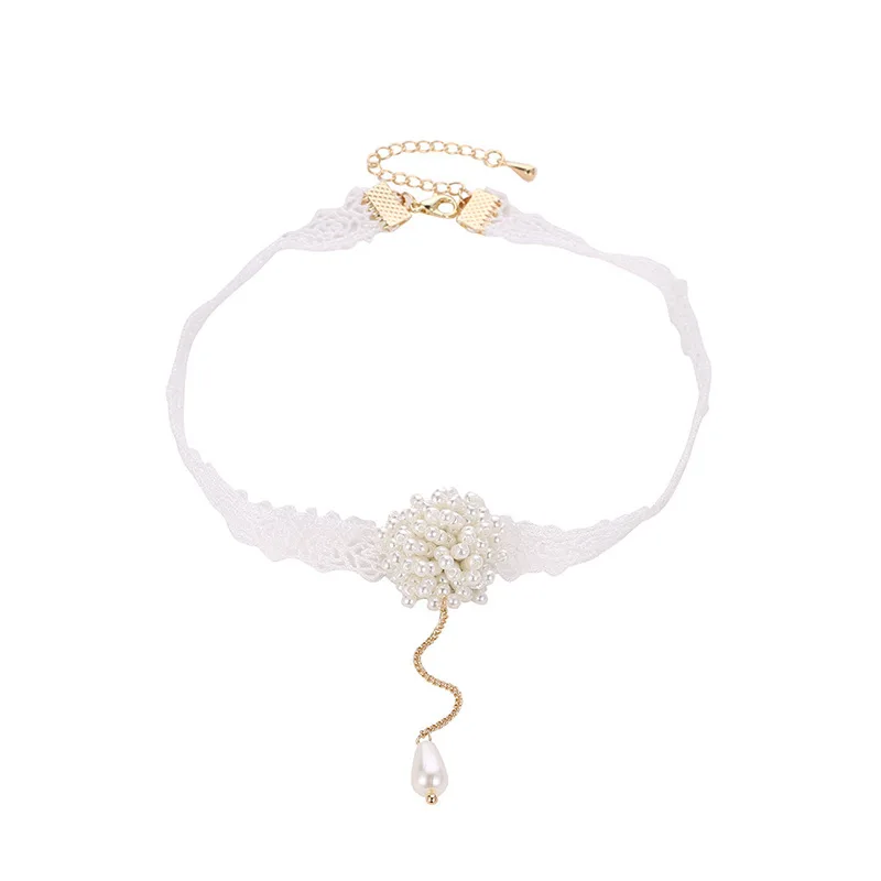 DoreenBeads Romantic Handmade Chocker Necklace White Lace Rope Limited Pearl Beads Tassel Hot Jewelry For Women Gift,1 PC
