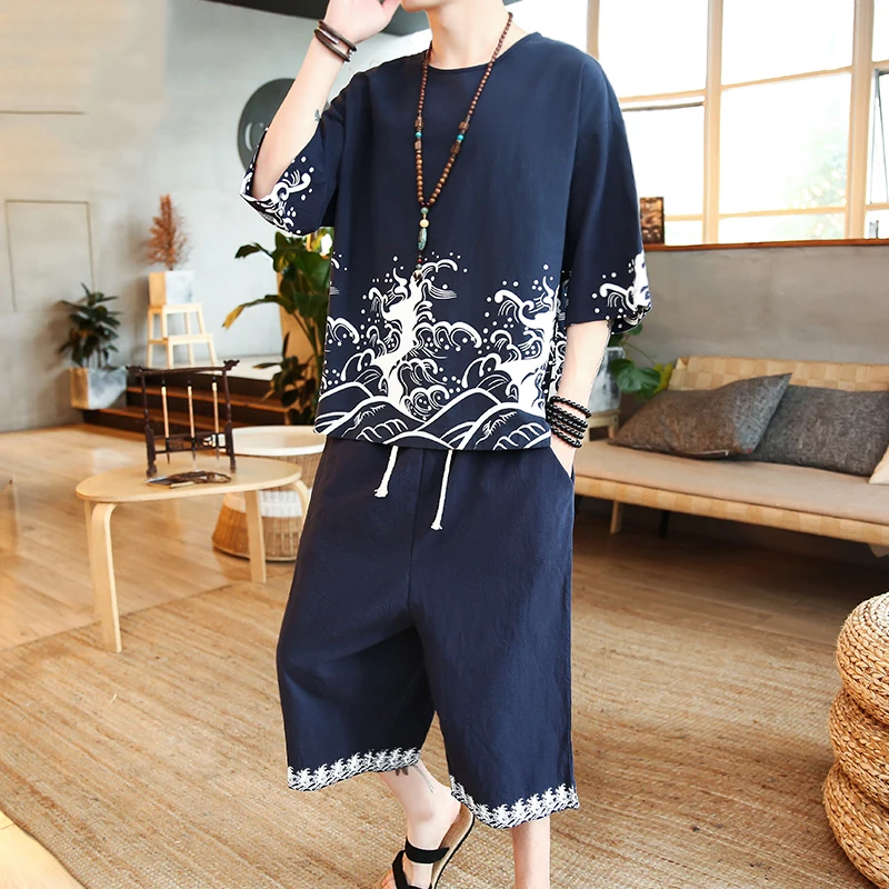 

Summer Men Set Vintage Chinese Cloud Printed Wushu Clothing Beach Shorts + Shirts Male Hip Hop New Arrival 2021 Set 5XL