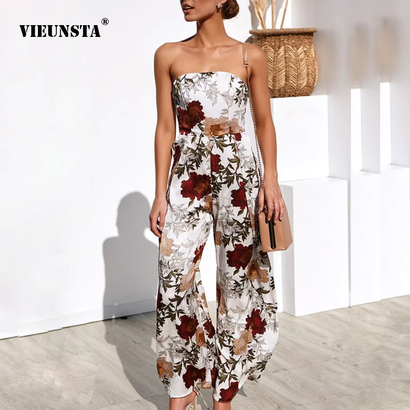 VIEUNSTA Сексуальная спинки цветочный принт Boho пляжные Комбинезоны для женщин лето