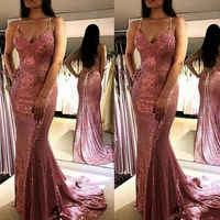 2021 new pink spaghetti strap sleeveless mermaid prom dress v neck sequins ruched ruffle evening gown custom made formal