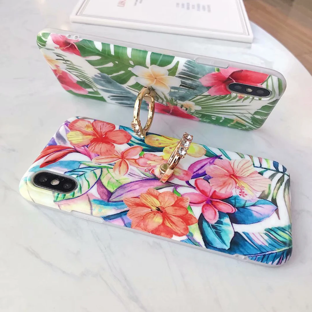 Luxury Finger Ring Holder Floral Phone Case For iPhone X XR XS Max Silicone Soft Shell 8 7 6 6S Plus Cover |
