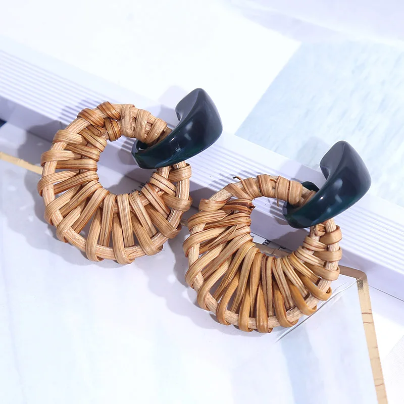 2019 модные коричневые деревянные геометрические серьги из ротанга ручной работы