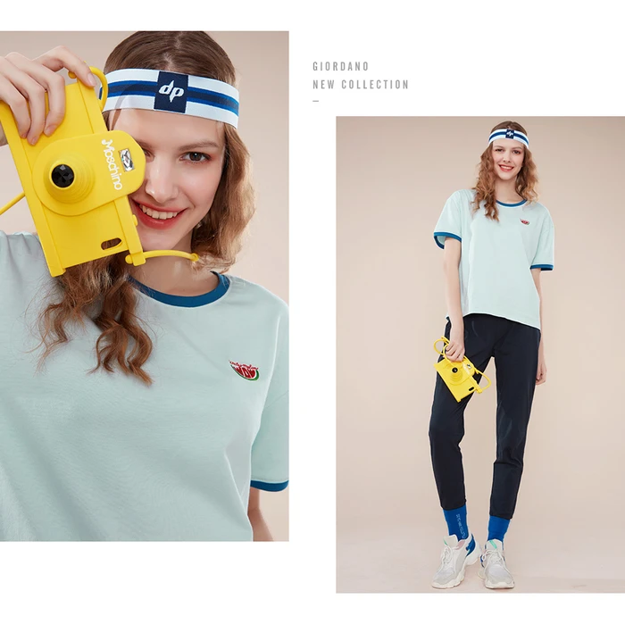 Giordano Women Tshirt Women Embroidery Fruits Contrast Color Crewneck Short Sleeve Tees Women Soft Cotton Fasion Women T Shirt