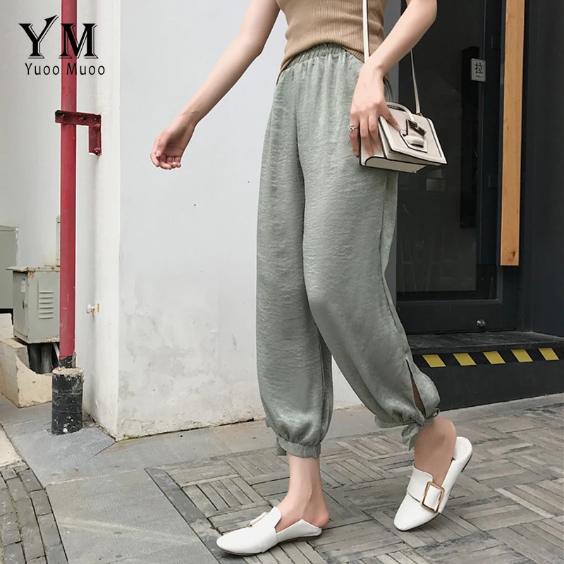 

Женские шифоновые брюки YuooMuoo, однотонные шаровары до щиколотки, с эластичной резинкой на талии, свободные, летние, уличная одежда