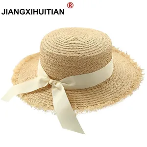 Шляпа женская из рафии, простая пляжная соломенная с бантом и лентой, с плоским верхом, с черной и белой лентой, для пляжа, летняя