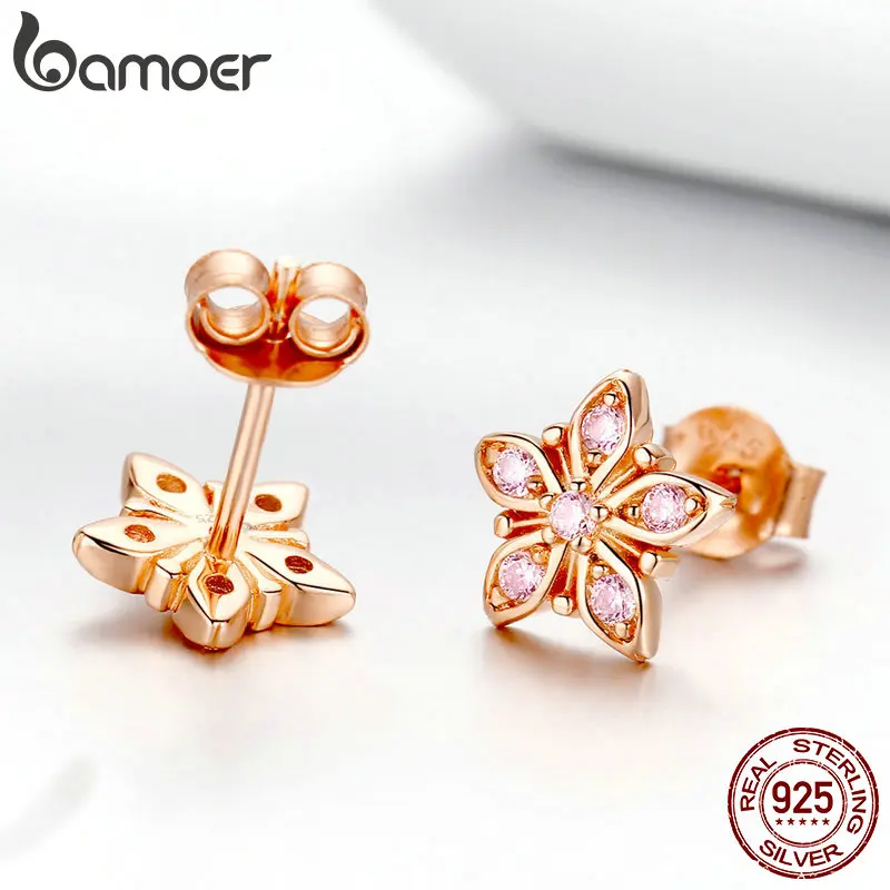 BAMOER, настоящее 925 пробы, серебро, Сакура, розовый цветок, изысканные серьги-гвоздики для женщин, Свадебная вечеринка, ювелирное изделие, подарок, GAE034