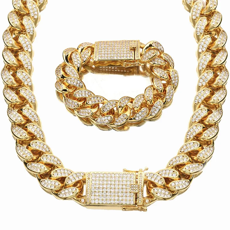 

18 мм широкий золотой Цвет AAA стразы в Кубинском стиле браслета и ожерелья, набор для мужчин в стиле хип-хоп Bling льдом звено цепи ювелирные изд...