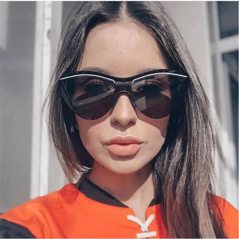 New Designer Womens Black Cat Eye Sunglasses Retro Oversized One Pieces Lens Sun Glasses White Line Lady Shades Okulary | Аксессуары для