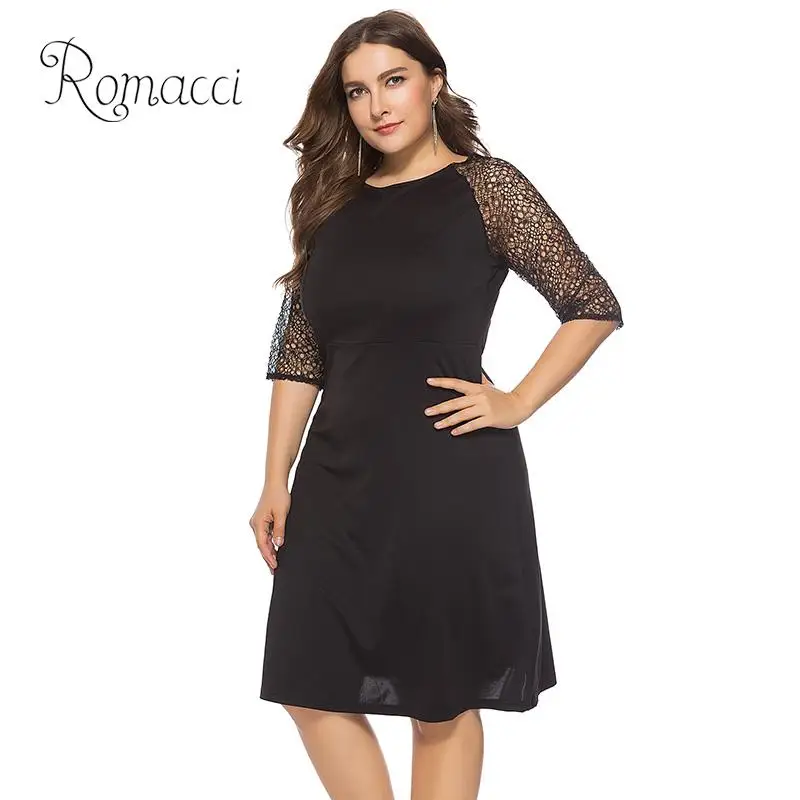 Сексуальное женское платье Romacci блестящее кружевное с круглым вырезом и рукавом