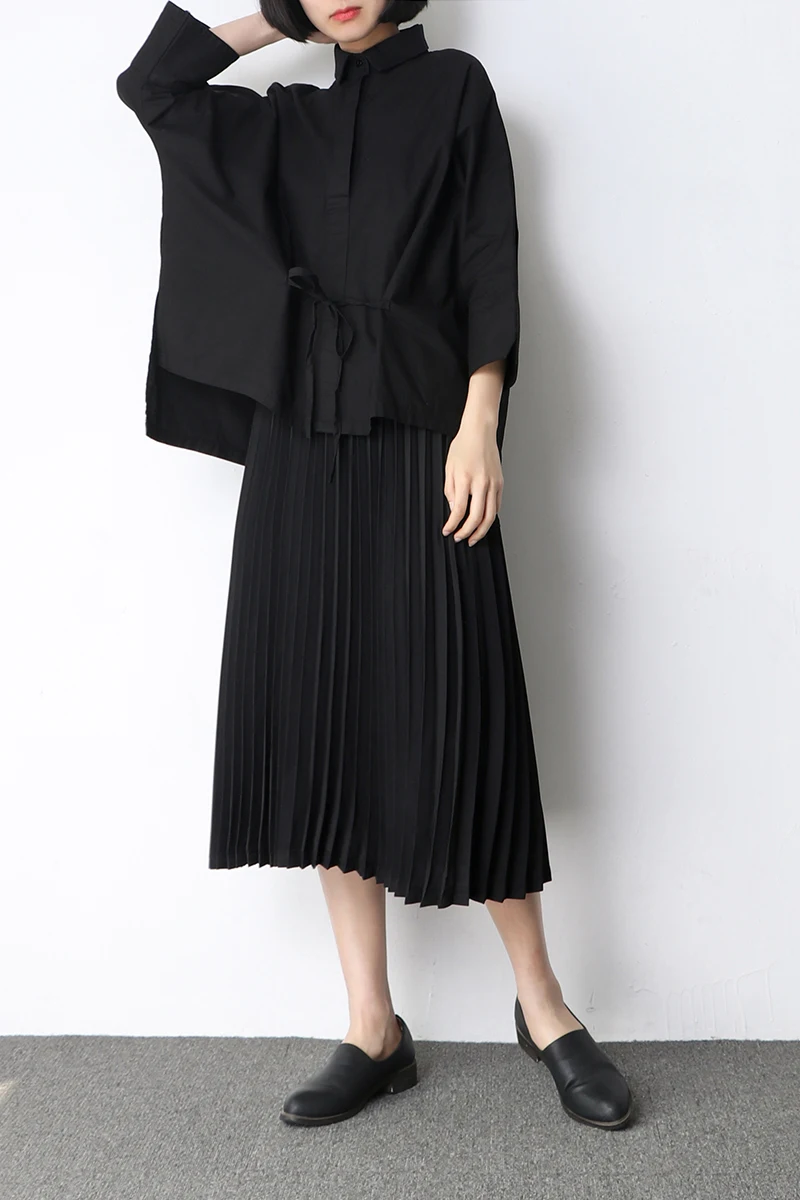 DEAT 2020 new fashion women turn-down collar three-quarter sleeve batwing loose wide blouse shirt with rope pulling top WB5630 | Женская