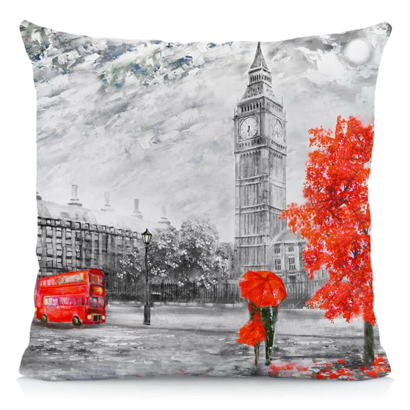 

XUNYU Cushion Cover 45x45cm Throw Pillow Covers Black & Red Paris Tower & Big Ben Modern Couple Style Decorative Pillow Cases A1