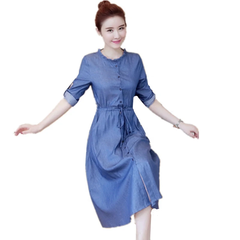 Spring and autumn Waist dress of denim women's wool Slim single-breasted with long sleeves Round collar casual jeans | Женская
