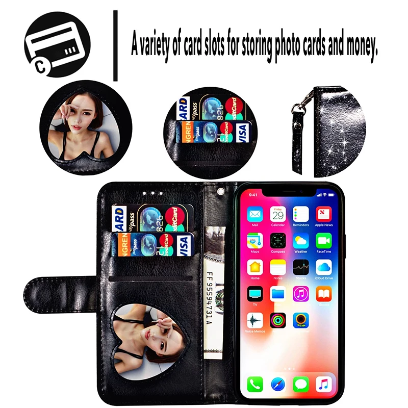 Чехол книжка из искусственной кожи с блестками на молнии для iPhone 7 8 6s Plus X XS Max XR