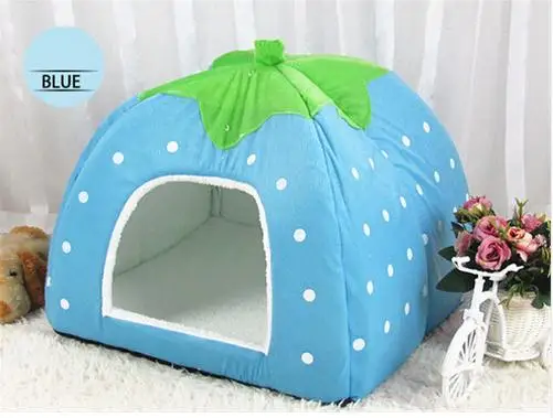 blue Милый складной домик для кошки маленького щенка, котенка, теплая клубника, хлопковая кровать для питомца, флисовый уютный домик для маленькой средней кошки, собаки - Цвет: blue