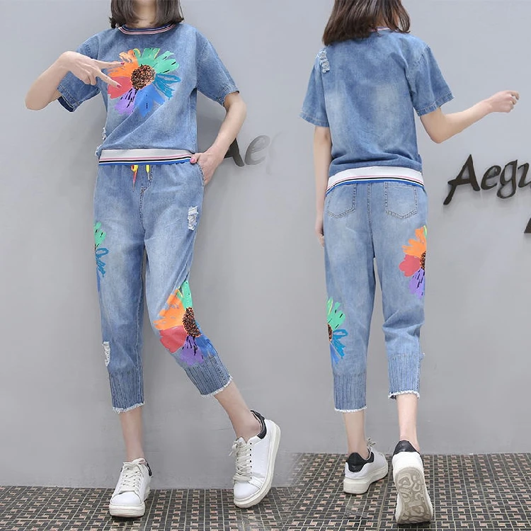 Женский джинсовый свитер Капри брюки комплект из 2 предметов Весенняя Модная