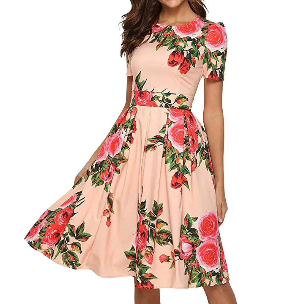 Летнее женское платье 2019 повседневное с принтом розы О-образным вырезом короткий