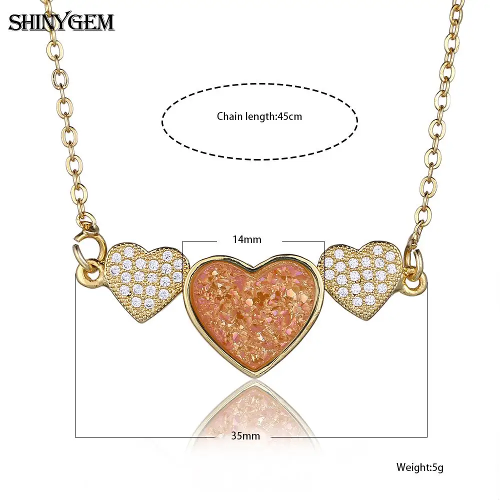 ShinyGem Druzy тройное Сердце ожерелье s золотое покрытие натуральный камень сердечко CZ
