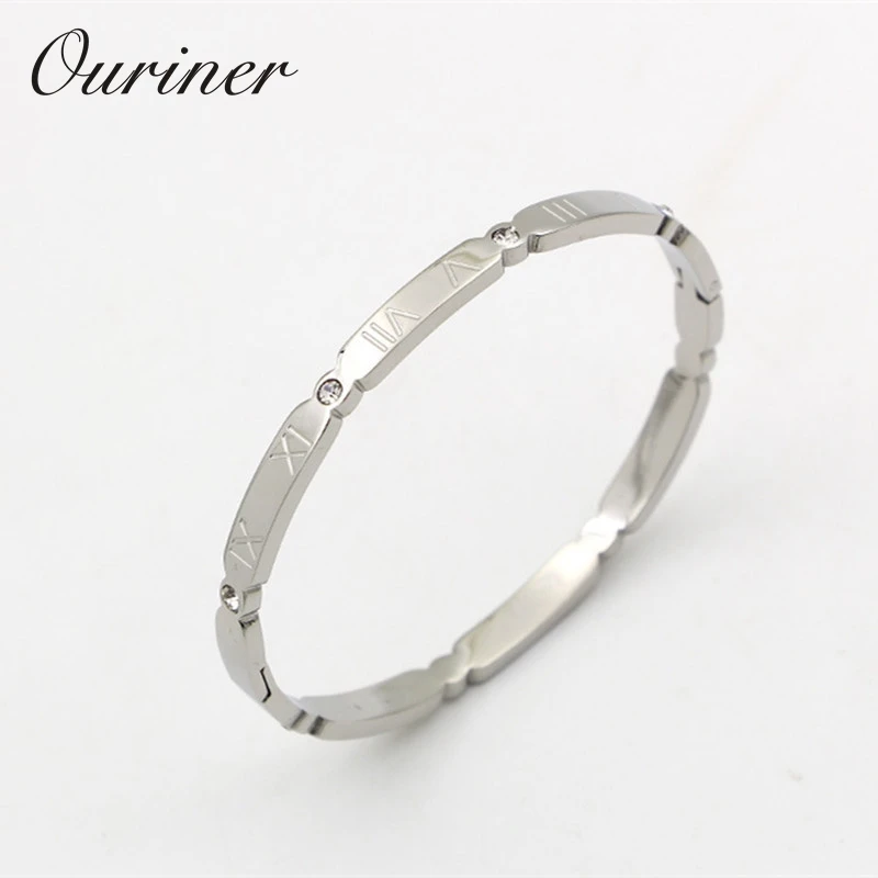 Brand Jewelry Women Bangles Stainless Steel Gold-Color Crystal Bracelet Carving Roman Numerals Bangle &amp K0103 |