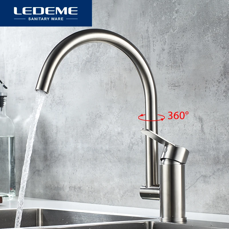 Смеситель LEDEME L74003 кухонный из нержавеющей стали матовый кран с одним держателем