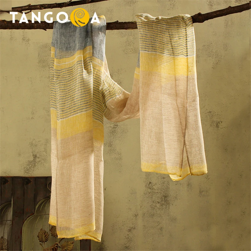 100% льняные полосатые мужские/женские летние длинные шарфы женский большой шарф