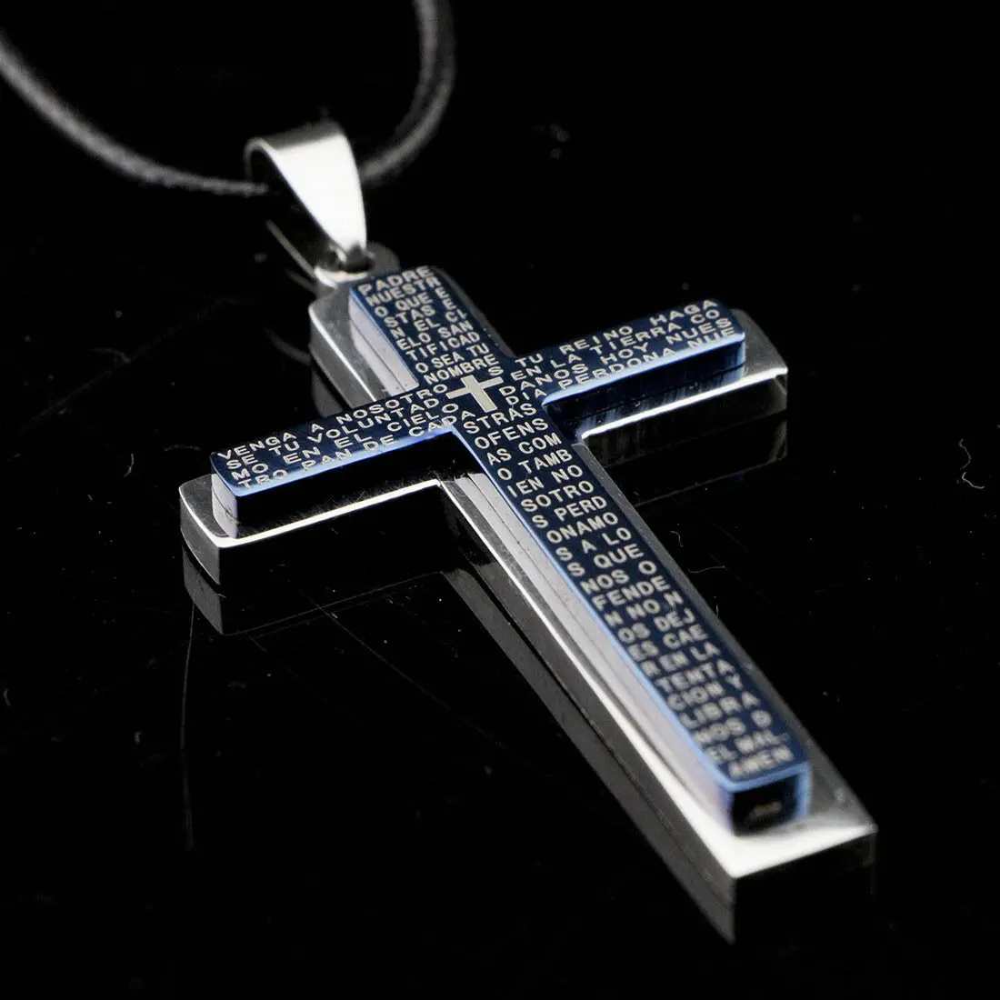 New Gift Unisex's Men Blue Silver Stainless Steel Cross Pendant Necklace Chain Black leather A-2240 | Pendants