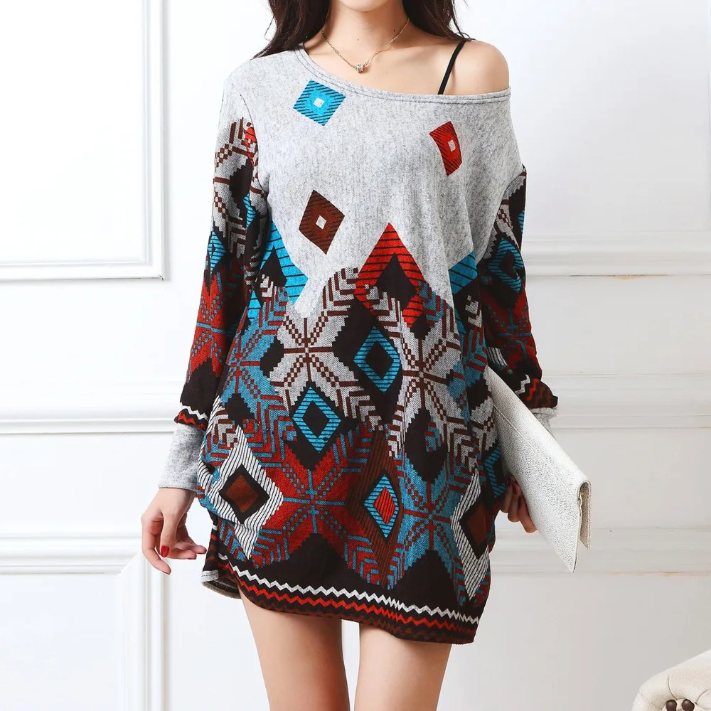 2020 New Long-sleeve O-neck Cashmere Sweater Large Size Casual Print Dress Thin Fashion Pullovers Tops Cotton and Polyester | Женская