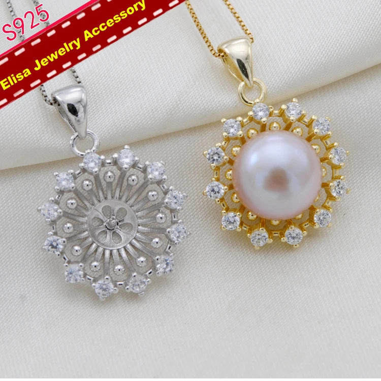 

Classic Big Pearl Pendant Holder S925 Sterling Silver Pendant Components Silver&Gold Color Flower Design Pendant Accessory 3Pcs