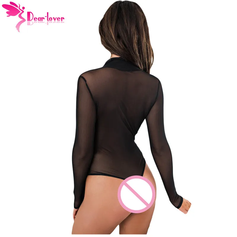 Dear Lover Тощий боди осень черный Sheer с длинным рукавом V образным вырезом комбинезон