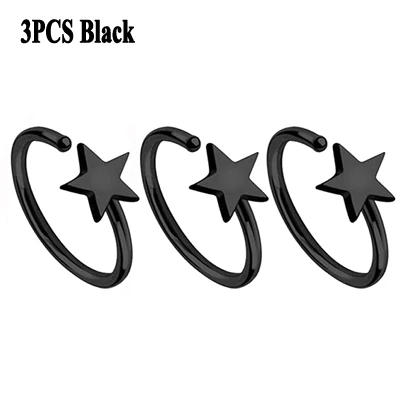 3Pcs Black BOG-3PCS хирургическая сталь Черный& Серебряный& Золотой звезда Нос кольцо обручи уха хряща открытый обруч ювелирные изделия кольцо для пирсинга серьги для женщин - Окраска металла: 3Pcs Black