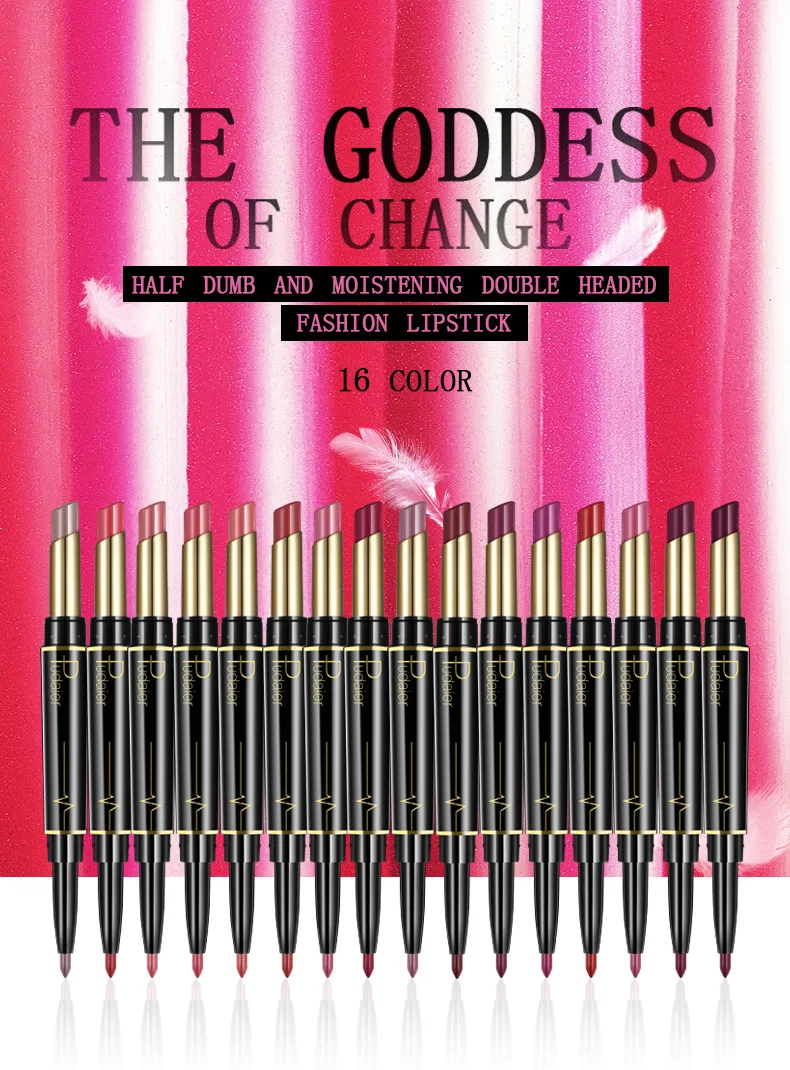 Pudaier, 16 цветов, двойная головка, матовая губная помада, коврик для губ, подводка для губ, ручка, сексуальный телесный красный карандаш для губ, стойкий макияж, косметика