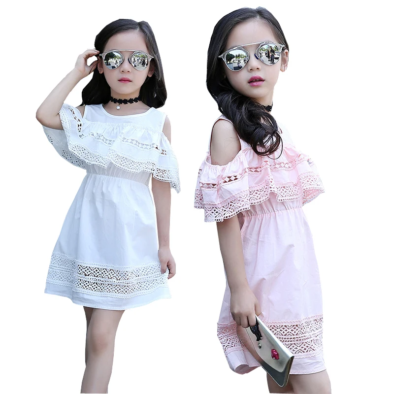 Платье с открытыми плечами для девочек летнее кружевное платье модное хлопковое
