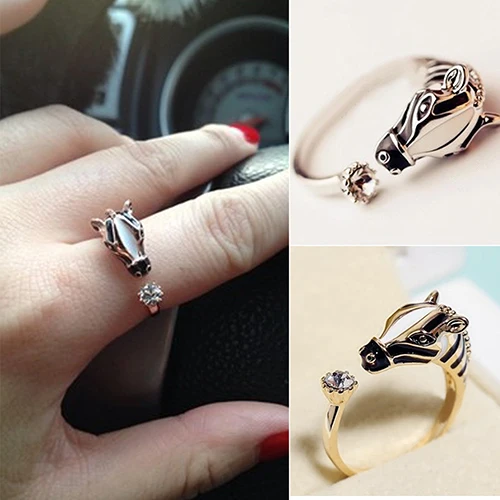 Горячая животных модные Кольца голова лошади кристалл Для женщин Регулируемый