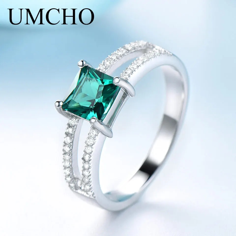 UMCHO Твердые 925 пробы серебряные ювелирные изделия квадратный создан нано изумруд классические кольца для женщин Свадебная вечеринка подарок хорошее ювелирное изделие