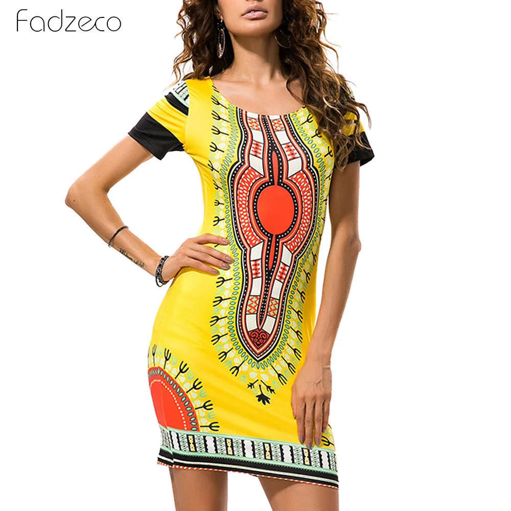 Женское платье в африканском стиле Fadzeco Dashiki синее Красное Желтое с традиционным