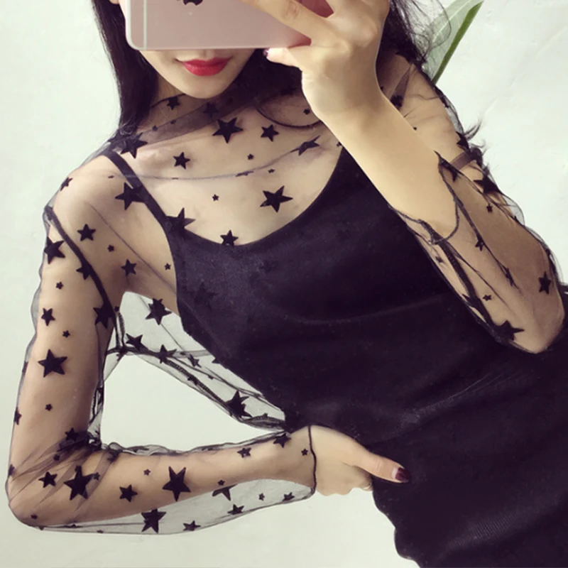 Пикантные сетчатые Топы harajuku Прозрачная Футболка открытая майка с длинными