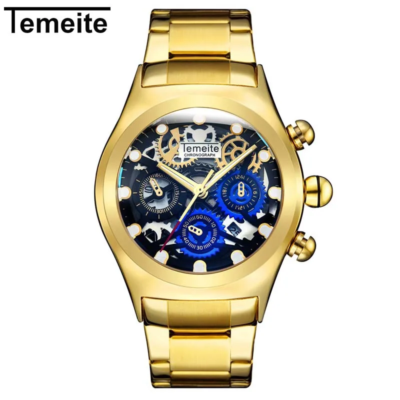 Gold Black Relogio Masculino TEMEITE Лидирующий бренд Мужские часы Роскошные модные золотые бизнес полностью Стальные кварцевые наручные часы Мужские часы Прямая поставка - Цвет: Gold Black