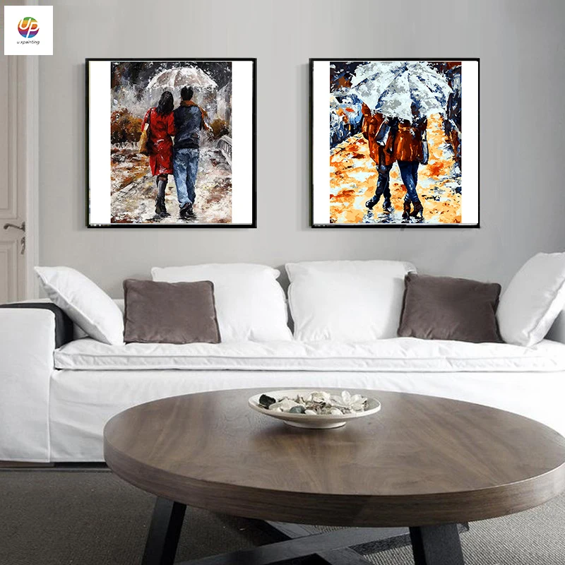 Lovers in Rain Umbrella Frameless Diy Digital Painting By Numbers Acrylic Paint Modern Wall Art Canvas For Home Decor | Дом и сад