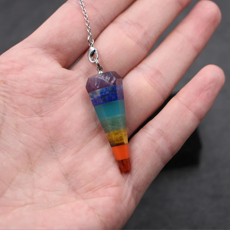 Natural crystal energy stone colorful chakra cone spirit swing sweater chain necklace men and women pendant hypnosis props | Украшения и