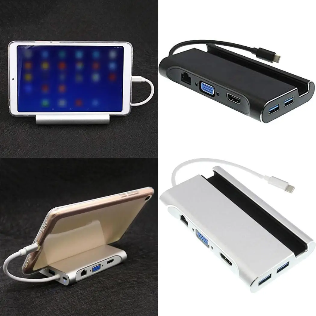 Type-C to HDMI/VGA RJ45 HUB Adapter 3 USB3.0 Port Hub Type C Multi-function Docking Station for Macbook with Phone Holder Stand |