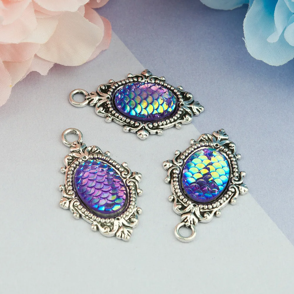 Подвески DoreenBeads из сплава цинка и Русалка смолы рыбья чешуя Овальные