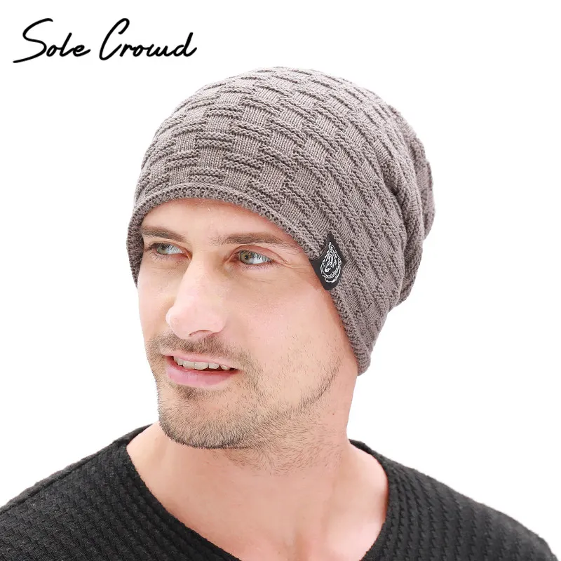 Хаки Модные тканевые шапки Skullies Beanies для мужчин, зимние Бархатные толстые шапки, теплые трикотажные шапки для мужчин, высокое качество - Цвет: Хаки