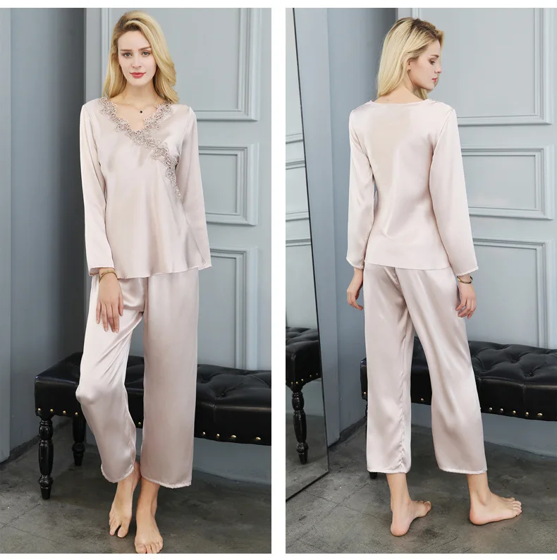 T77173 New Fashion silk Sleeping wear two suits spring and summer100% Silk Embroidered household Wear Women Pajama Sets